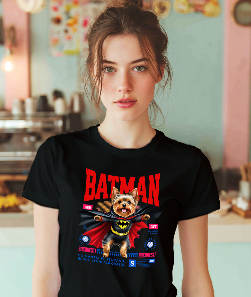 Tricou Femei, Barbati, Copii, Fata, Baiat, Unisex Personalizat Yorkshire Terrier În Costum de Batman – Câine Supererou pentru Copii și Iubitorii de Animale [2]