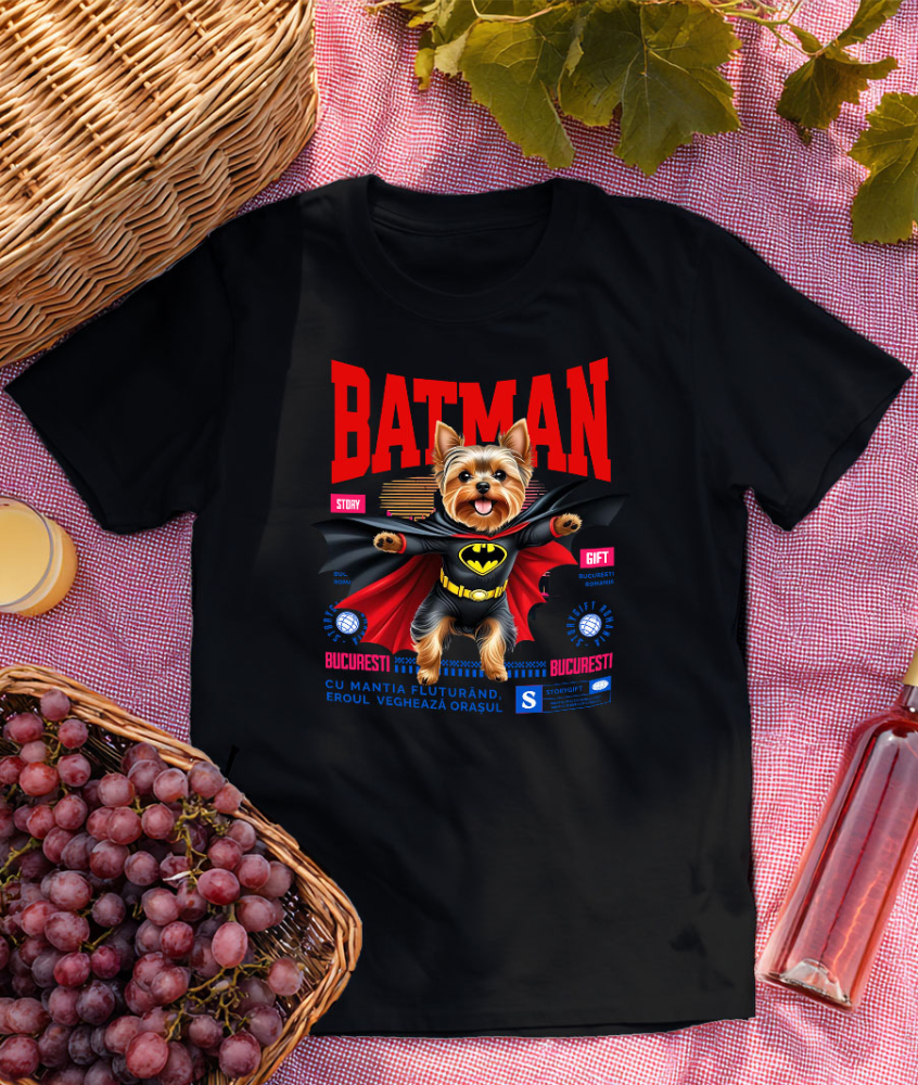 Tricou Femei, Barbati, Copii, Fata, Baiat, Unisex Personalizat Yorkshire Terrier În Costum de Batman – Câine Supererou pentru Copii și Iubitorii de Animale [3]