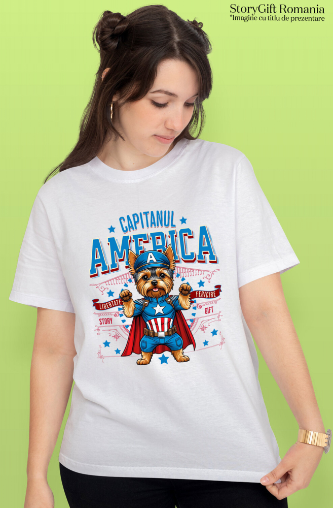 Tricou Femei, Barbati, Copii, Fata, Baiat, Unisex Personalizat Yorkshire Terrier în Costum Captain America cu Pelerină - Cadou Personalizat pentru Copii și Iubitorii de Câini [2]