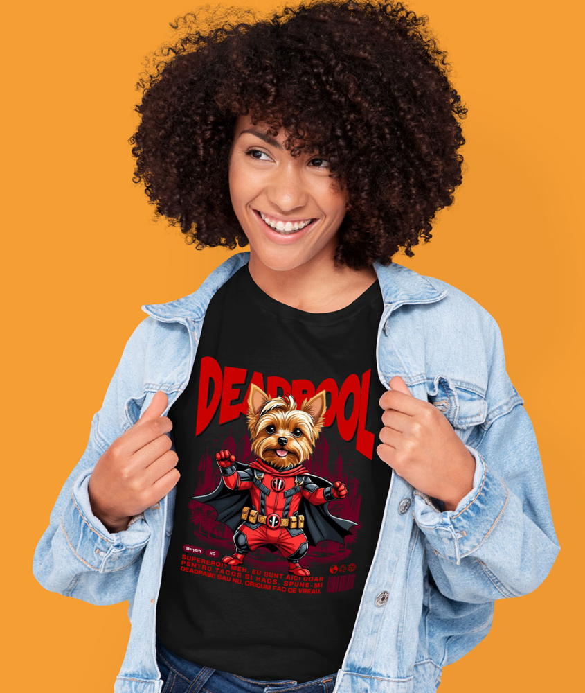 Tricou Femei, Barbati, Copii, Fata, Baiat, Unisex Personalizat Yorkshire Terrier în Costum Deadpool - Cadou Personalizat pentru Copii și Familie [2]