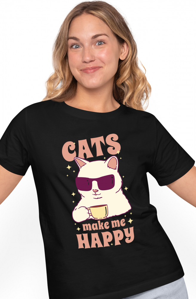 Tricou Femei Personalizata Pentru Iubitorii de Pisici cu Mesajul in Engleza Cats Make Me Happy cu imprimeu pe Fata, 100% Bumbac, Negru, L [1]