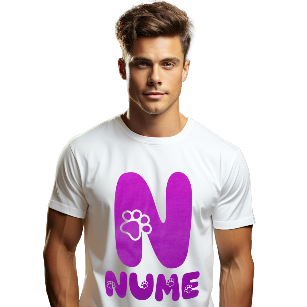 Tricou Personalizat Barbati Pentru Iubitorii De Animale, Laubuta, Text Personalizat, Culoare Mov, Caine, Alb, 100% Bumbac, Marime XS [1]