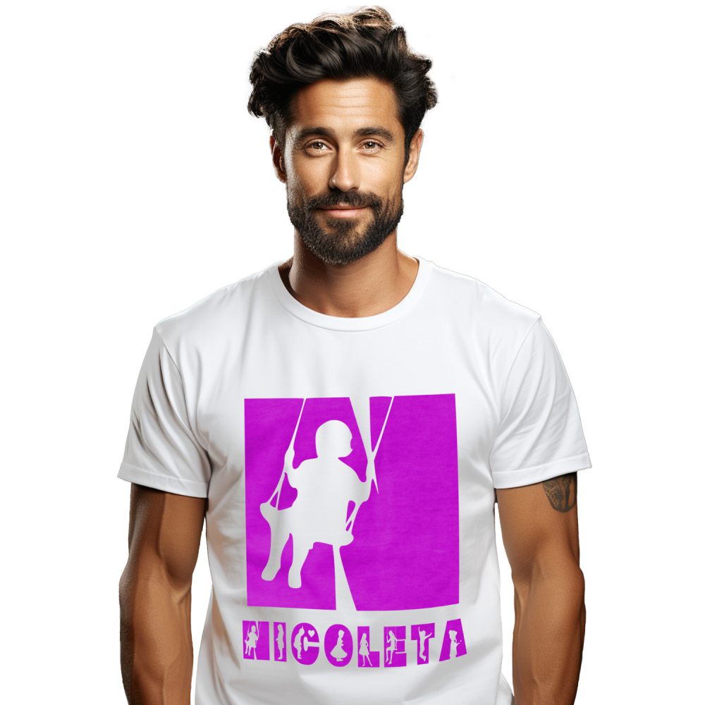 Tricou Personalizat Barbati Pentru Iubitorii De Copii, Siluete Diverse, Text Nume Personalizat, Parinte, Culoare Mov, Alb, 100% Bumbac, Marime XS [1]