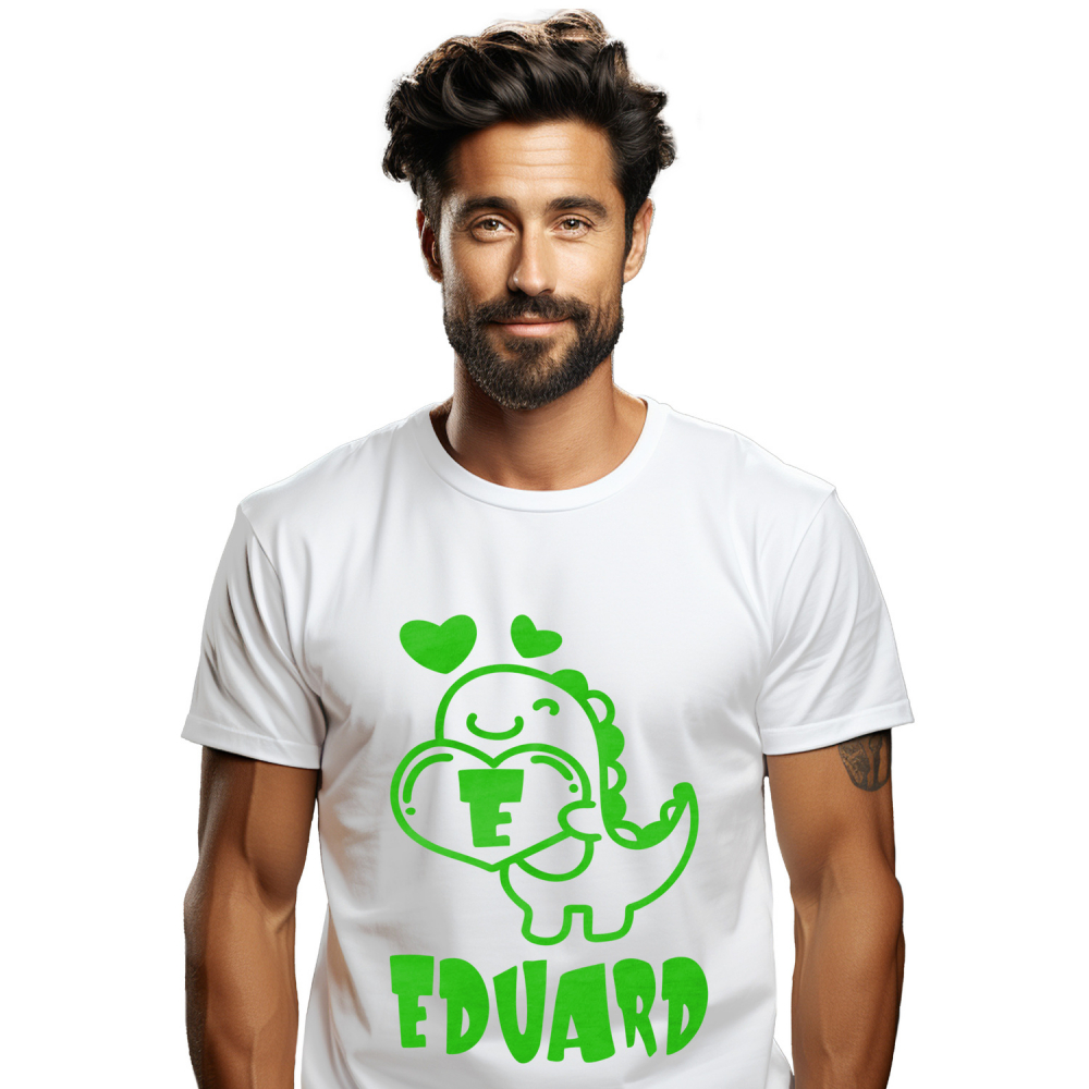 Tricou Personalizat Barbati Pentru Iubitorii De Dinozauri, Pancarda Inima Cifra, Text Personalizat, Culoare Verde, Alb, 100% Bumbac, Marime XS [1]