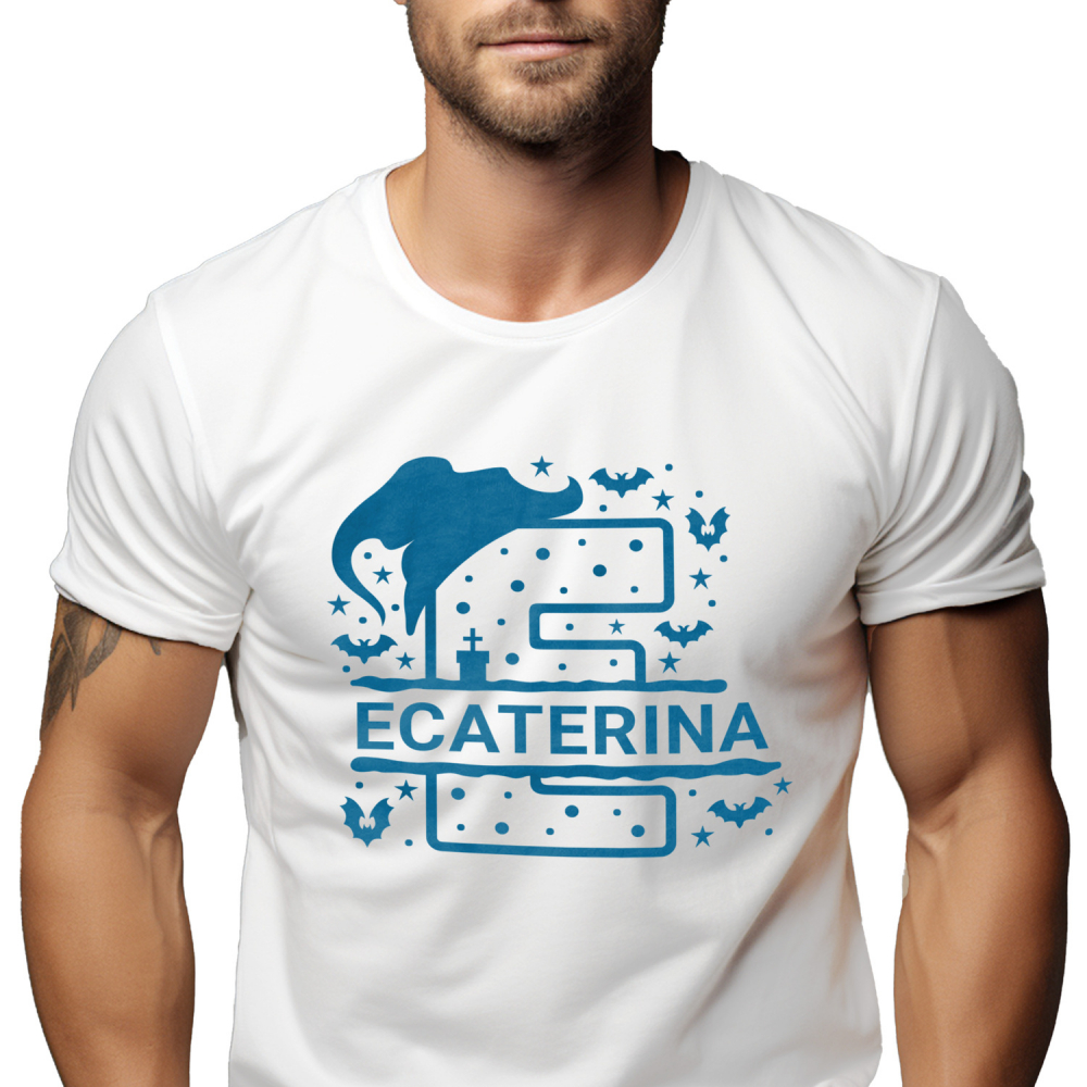 Tricou Personalizat Barbati Pentru Iubitorii De Hallowen, Lilieci, Palarie Vrajitoare, Text Nume Personalizat, Copii, Culoare Albastru, Alb, 100% Bumbac, Marime XS [1]