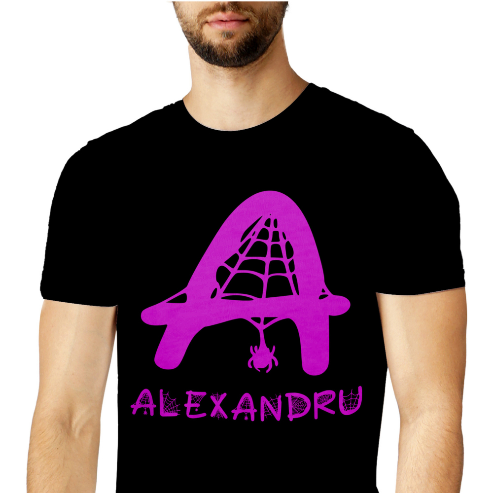 Tricou Personalizat Barbati Pentru Iubitorii De Hallowen, Panza De Paianjen, Text Nume Personalizat, Copii, Culoare Mov, Negru, 100% Bumbac, Marime XS [1]