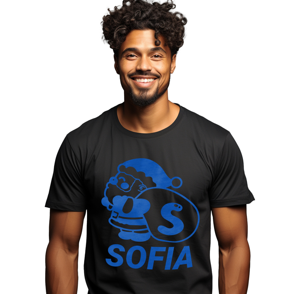 Tricou Personalizat Barbati Pentru Iubitorii De Iarna, Mos Craciun Cu Sac, Text Nume Personalizat, Copii, Culoare Albastru, Negru, 100% Bumbac, Marime XS [1]