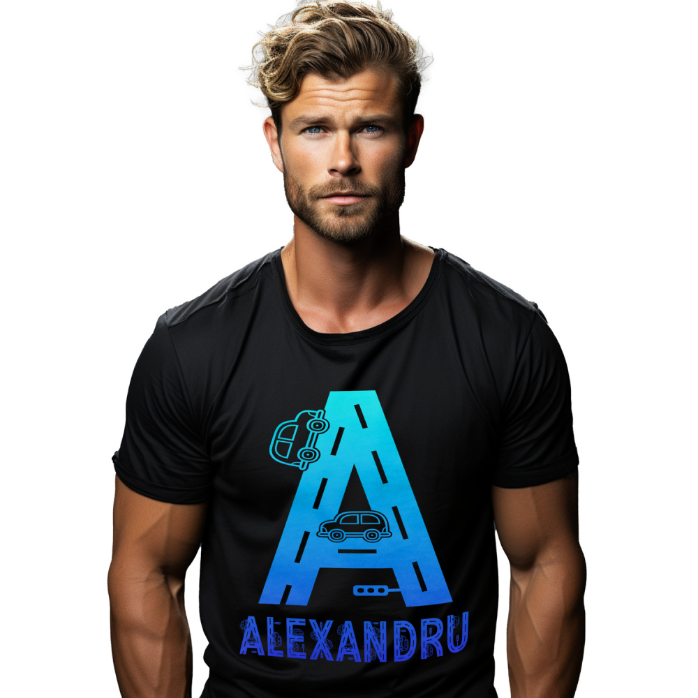 Tricou Personalizat Barbati Pentru Iubitorii De Masini, Sofer, Text Nume Personalizat, Culoare Albastru Gradient, Negru, 100% Bumbac, Marime L [1]