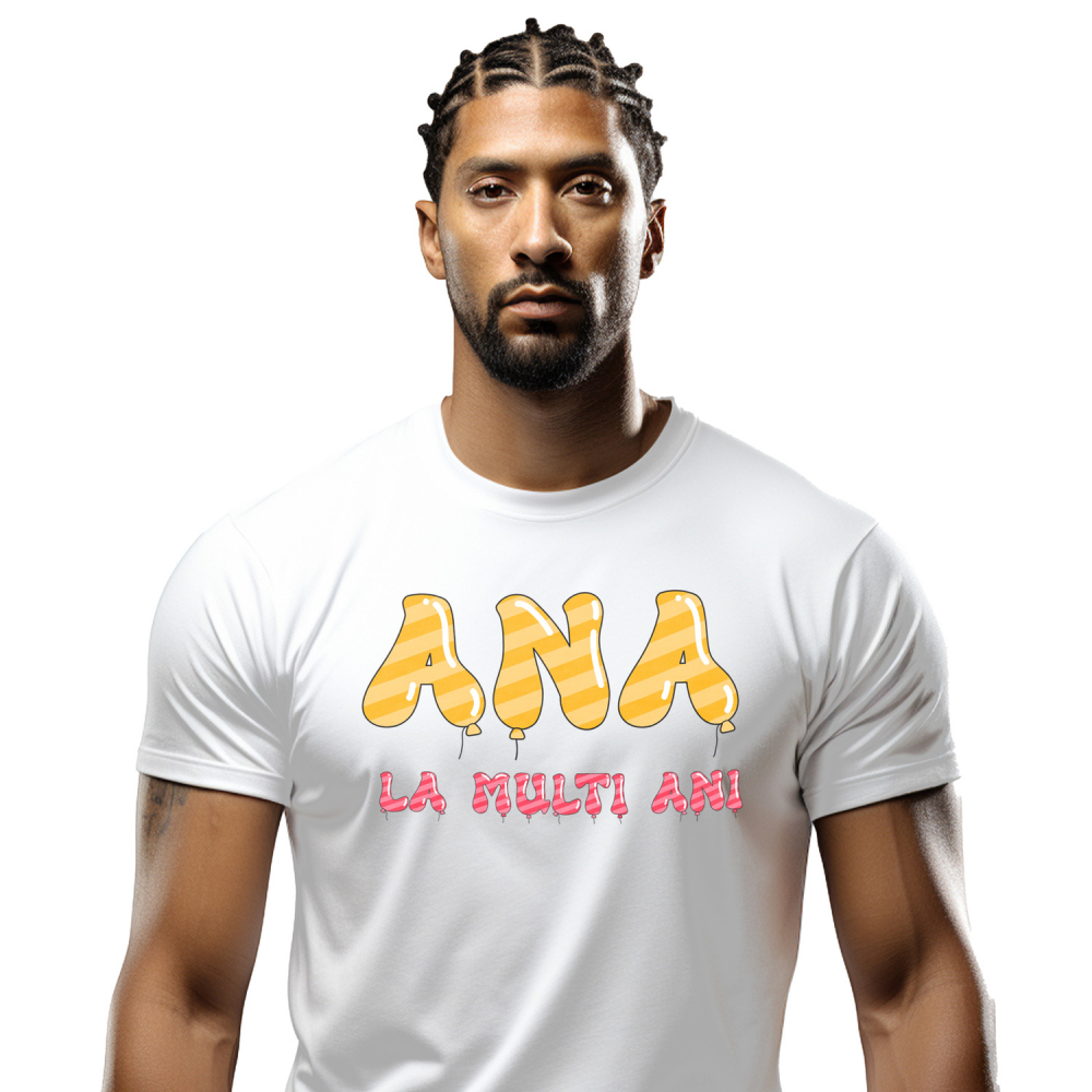 Tricou Personalizat Barbati Pentru Iubitorii De Petreceri, Baloane Coloratre, Unicorn, Text Nume Personalizat, copii, Culoare Galben Roz, Alb, 100% Bumbac, Marime XS [1]