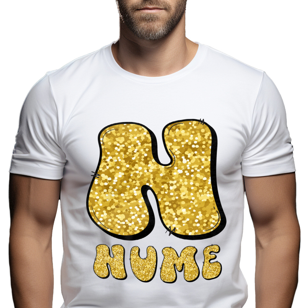 Tricou Personalizat Barbati Pentru Iubitorii De Sclipici, Text Nume Personalizat, Dragoste, Culoare galben, Alb, 100% Bumbac, Marime XS [1]