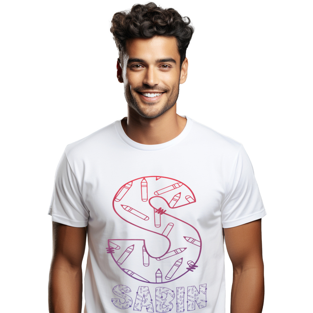 Tricou Personalizat Barbati Pentru Iubitorii De Scoala, Creioane, Text Nume Personalizat, Copii, Culoare Mov Gradient, Alb, 100% Bumbac, Marime XS [1]