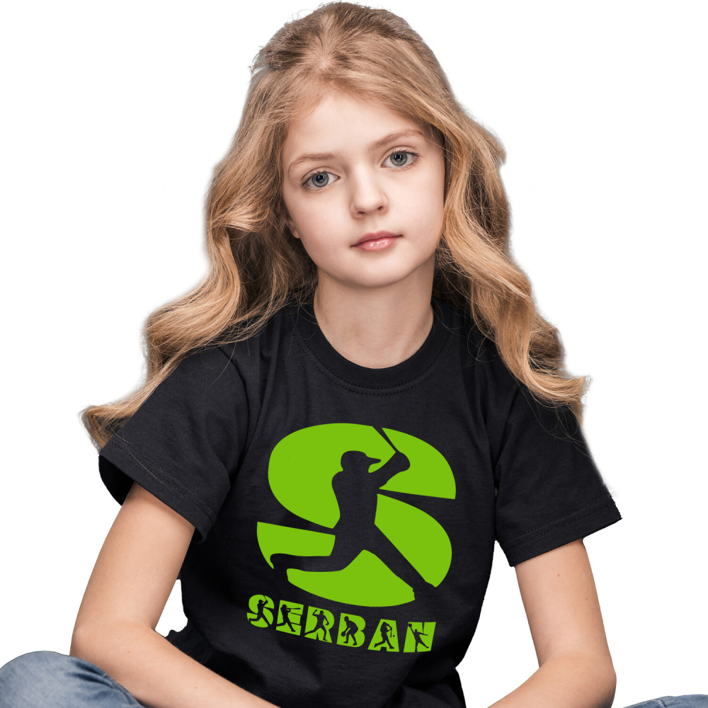 Tricou Personalizat Copii Pentru Iubitorii De Baseball, Minge, Silueta Sportiv, Text Nume Personalizat, Copii, Culoare Verde, Negru, 100% Bumbac, Marime 4 Ani [1]