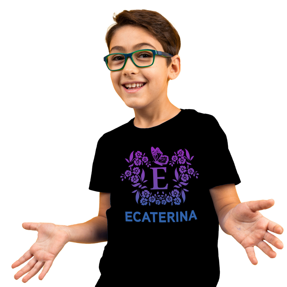 Tricou Personalizat Copii Pentru Iubitorii De Coroana Flori, Fluture, Natura, Text Nume Personalizat, Dragoste, Culoare Mov, Negru, 100% Bumbac, Marime 4 Ani [1]