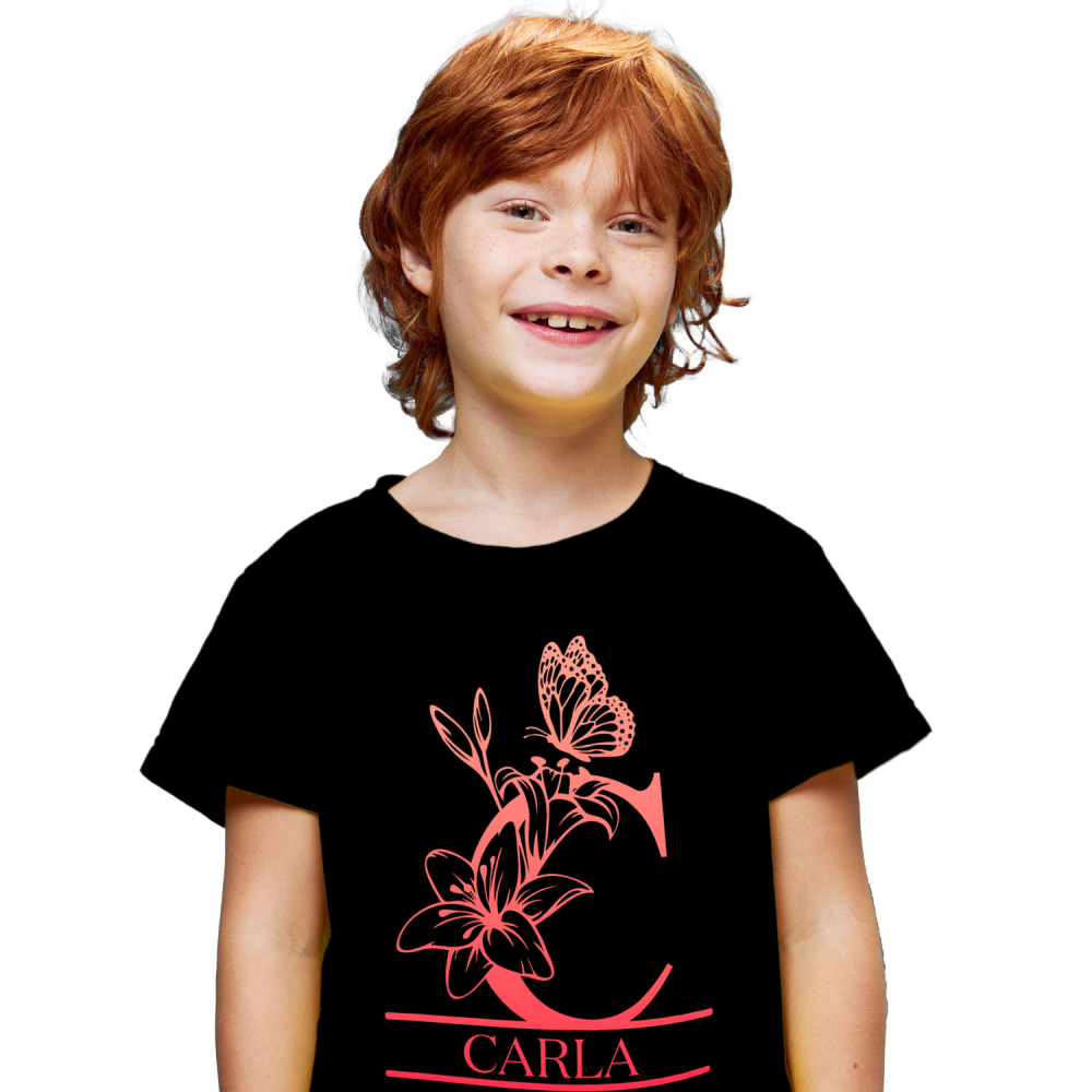 Tricou Personalizat Copii Pentru Iubitorii De Crini, Flori,Fluture Natura, Text Nume Personalizat, Dragoste, Culoare Rosu, Negru, 100% Bumbac, Marime 6 Ani [1]