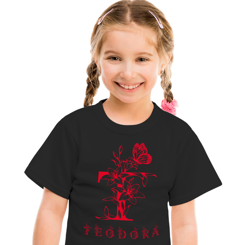 Tricou Personalizat Copii Pentru Iubitorii De Flori, Fluture, Natura, Text Nume Personalizat, Dragoste, Culoare Rosu, Negru, 100% Bumbac, Marime 6 Ani [1]