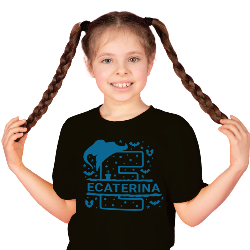 Tricou Personalizat Copii Pentru Iubitorii De Hallowen, Lilieci, Palarie Vrajitoare, Text Nume Personalizat, Copii, Culoare Albastru, Negru, 100% Bumbac, Marime 10 Ani [1]