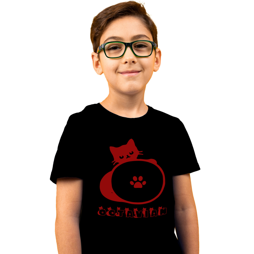 Tricou Personalizat Copii Pentru Iubitorii De Pisici, Animal Pufos, Text Nume Personalizat, Culoare Rosu, Negru, 100% Bumbac, Marime 4 Ani [1]