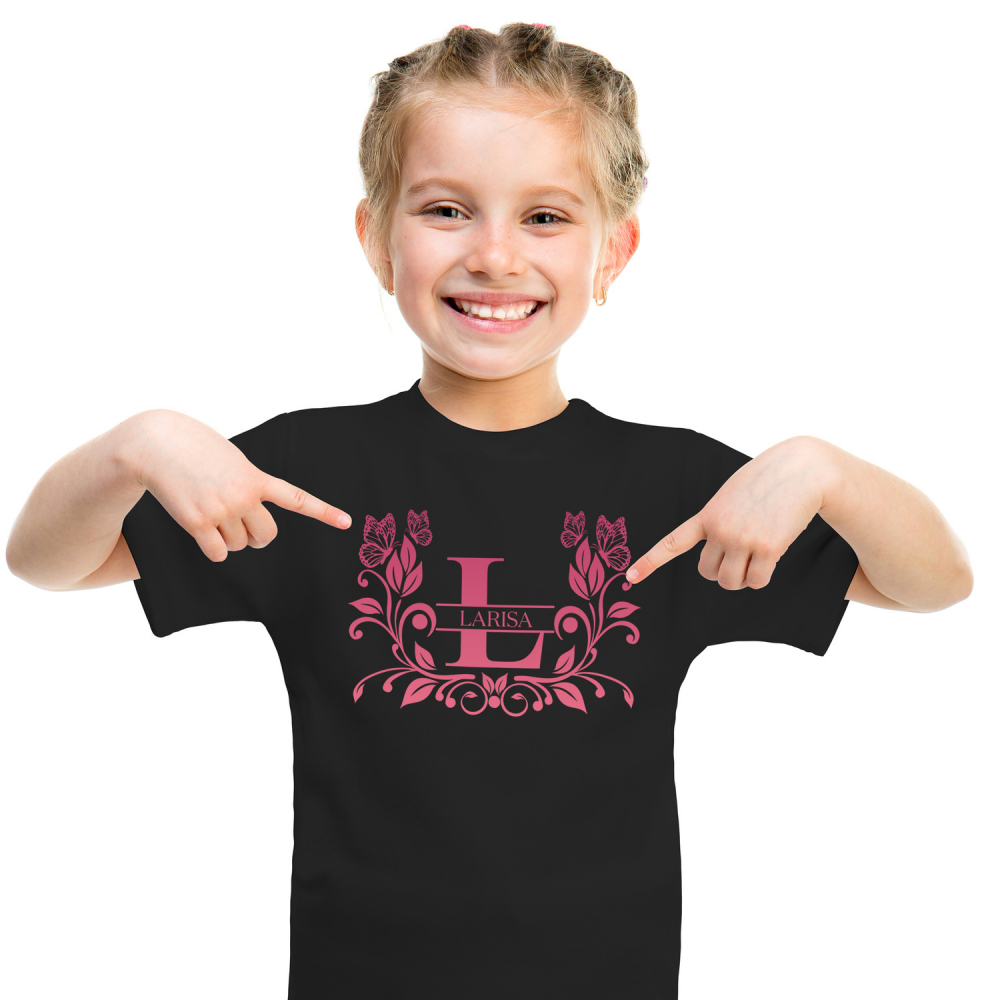 Tricou Personalizat Copii Pentru Iubitorii De Plante, Fluture Natura, Text Nume Personalizat, Dragoste, Culoare Rosu, Negru, 100% Bumbac, Marime 6 Ani [1]