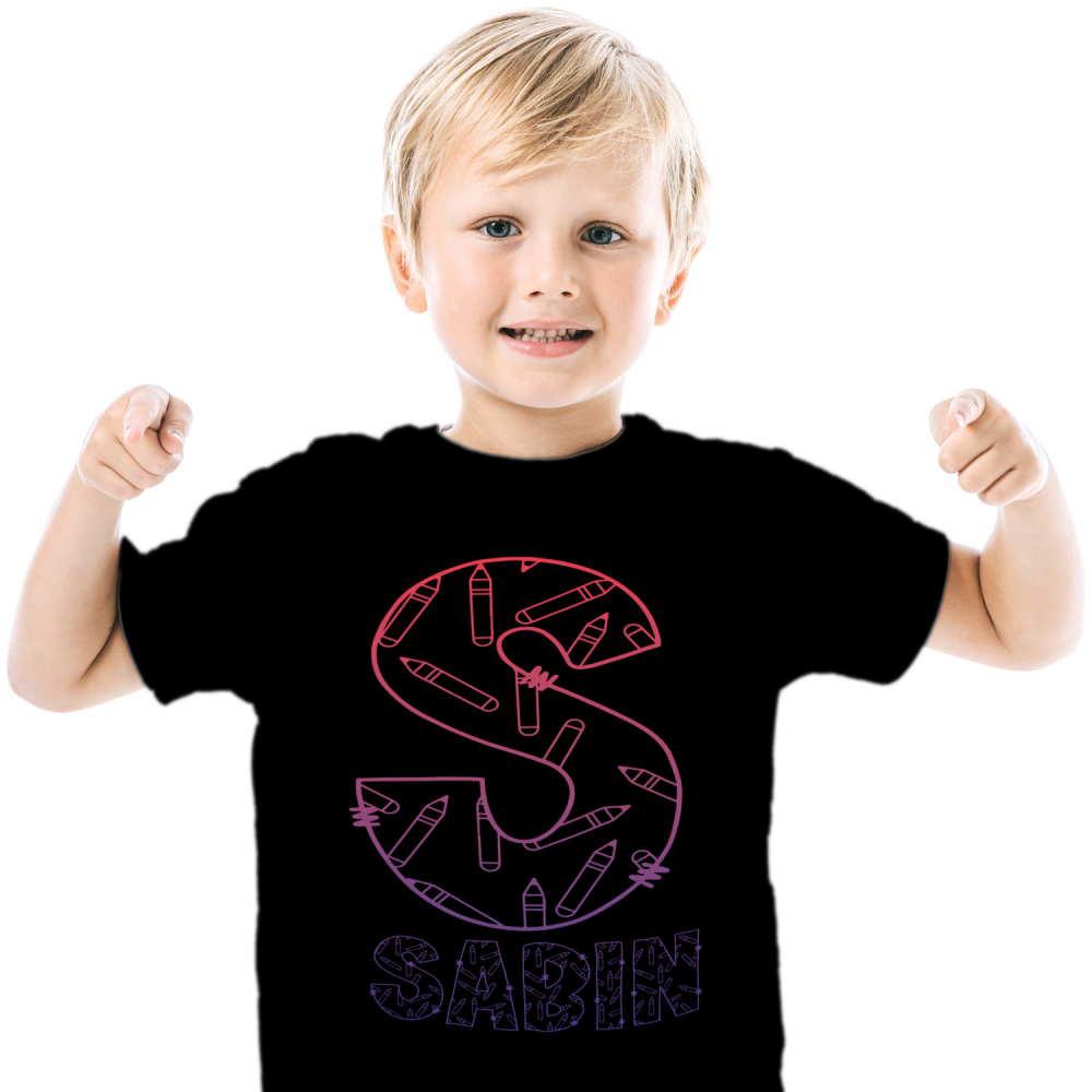 Tricou Personalizat Copii Pentru Iubitorii De Scoala, Creioane, Text Nume Personalizat, Copii, Culoare Mov Gradient, Negru, 100% Bumbac, Marime 4 Ani [1]