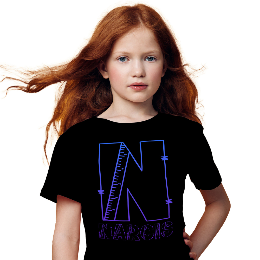 Tricou Personalizat Copii Pentru Iubitorii De Scoala, Rigla, Text Nume Personalizat, Copii, Culoare Albastru Gradient, Negru, 100% Bumbac, Marime 4 Ani [1]