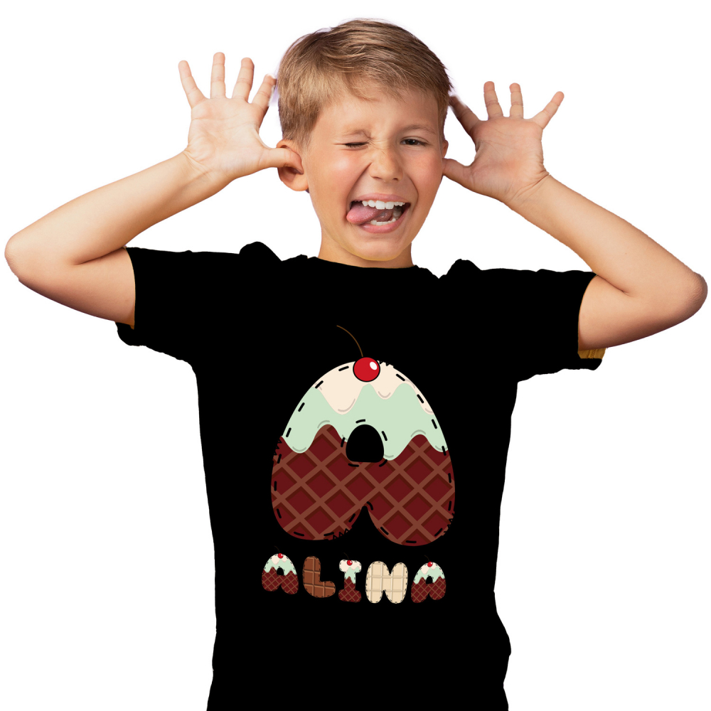 Tricou Personalizat Copii Pentru Iubitorii De Tableta De Ciocolata, Cireasa, Text Nume Personalizat, Culoare Multicolor, Negru, 100% Bumbac, Marime 4 Ani [1]