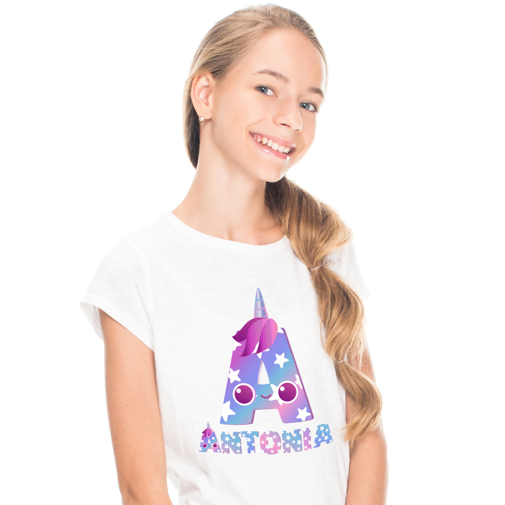 Tricou Personalizat Copii Pentru Iubitorii De unicorni, Corn Roz, Text Nume Personalizat, Culoare Multicolor Cu Stele copii, Alb, 100% Bumbac, Marime 10 Ani [1]