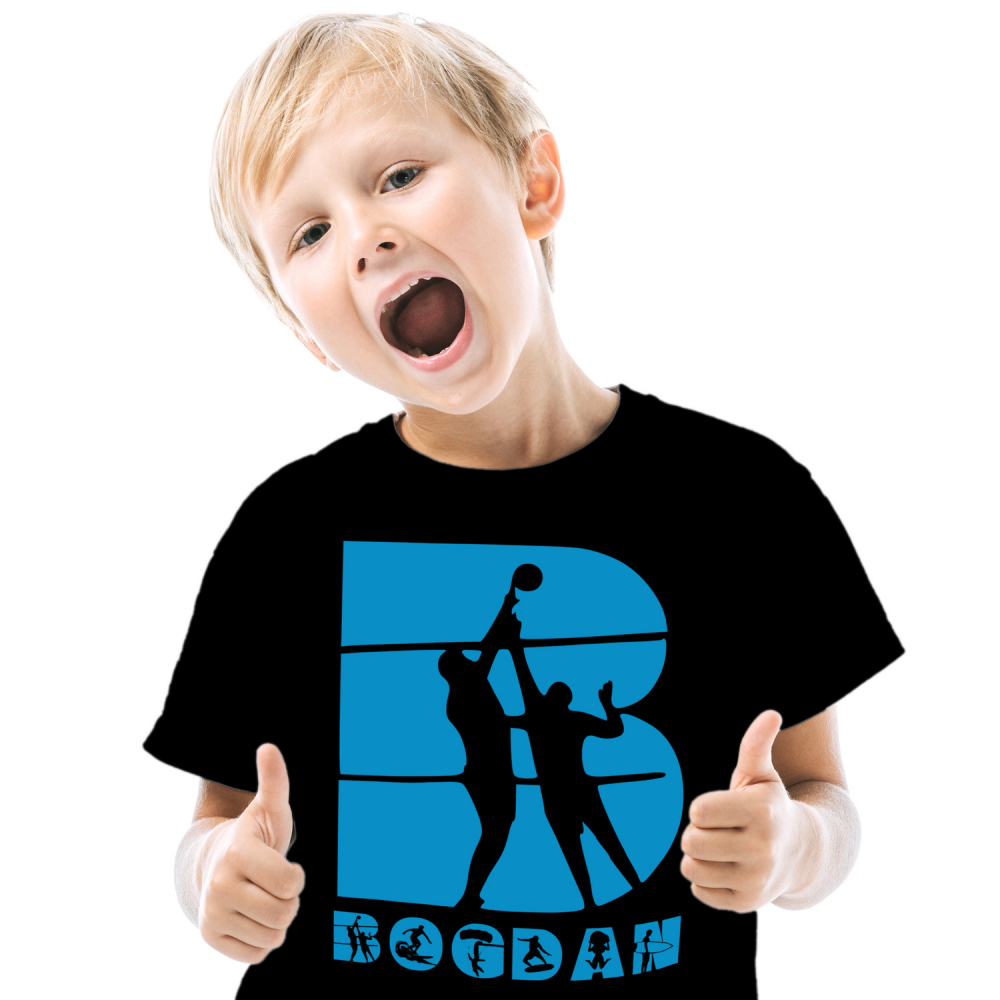 Tricou Personalizat Copii Pentru Iubitorii De Volei Plaja, Placa Surff, Text Nume Personalizat, Culoare Albastru, Negru, 100% Bumbac, Marime 4 Ani [1]