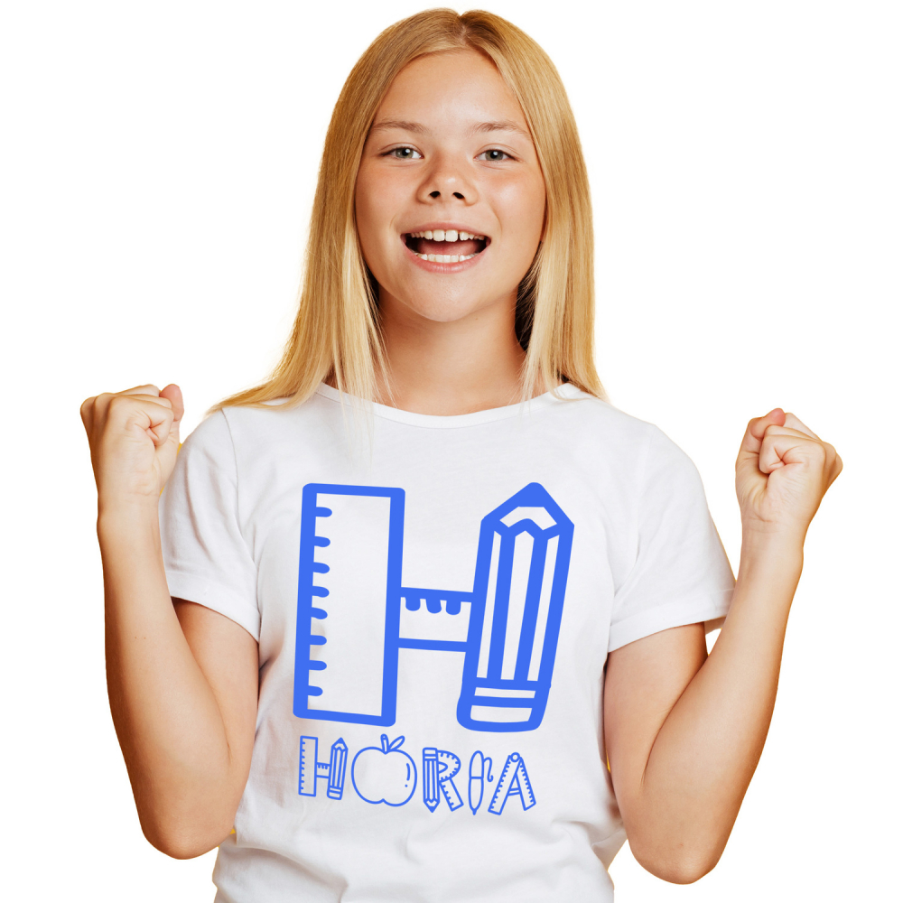 Tricou Personalizat Copii Pentru Profesor Scoala, Creion, mar, Text Nume Personalizat, Copii, Culoare Albastru, Alb, 100% Bumbac, Marime 12 Ani [1]