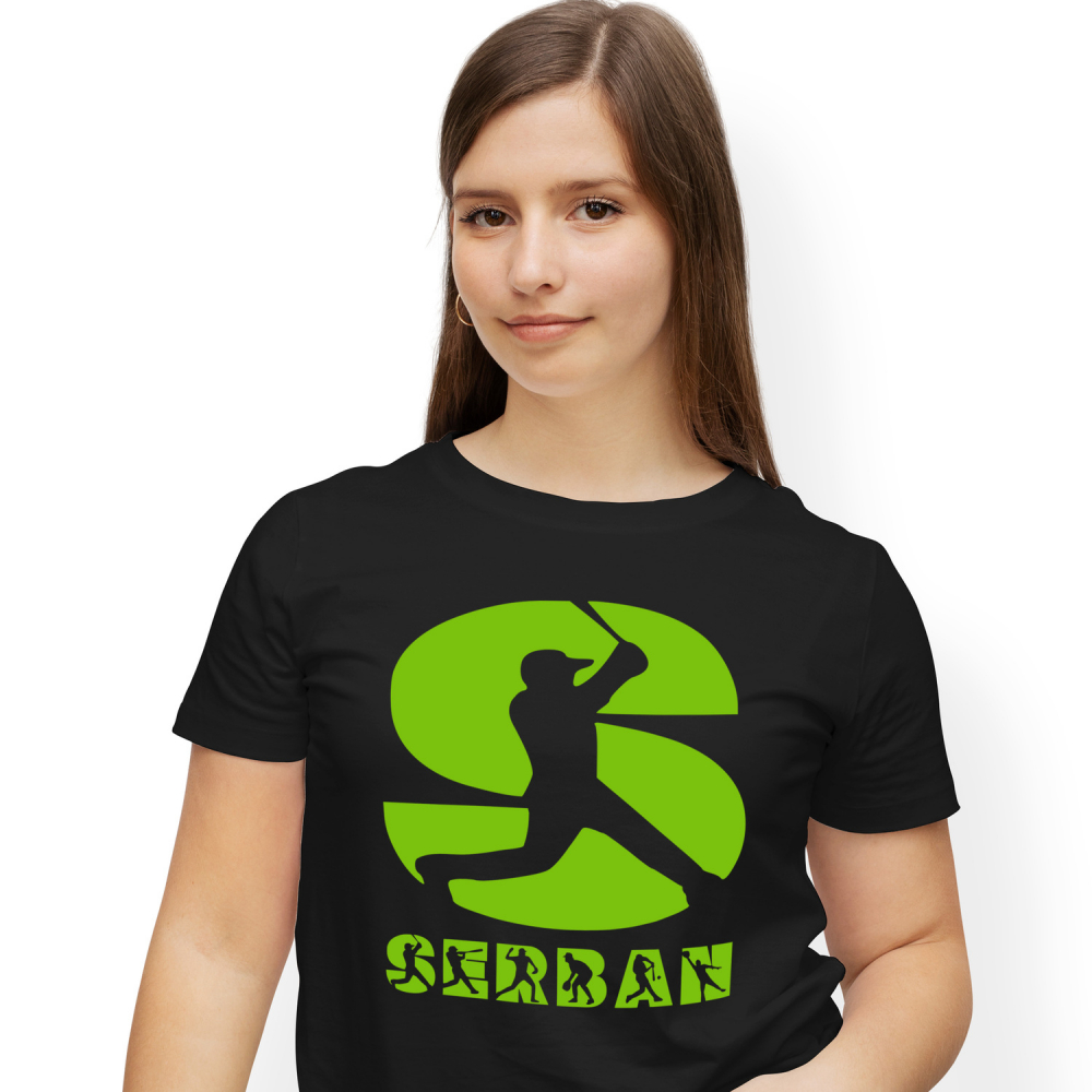 Tricou Personalizat Femei Pentru Iubitorii De Baseball, Minge, Silueta Sportiv, Text Nume Personalizat, Copii, Culoare Verde, Negru, 100% Bumbac, Marime XS [1]