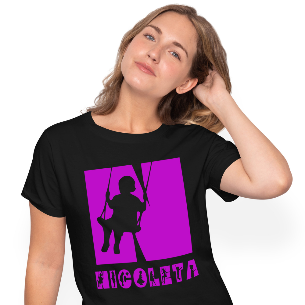 Tricou Personalizat Femei Pentru Iubitorii De Copii, Siluete Diverse, Text Nume Personalizat, Parinte, Culoare Mov, Negru, 100% Bumbac, Marime XS [1]