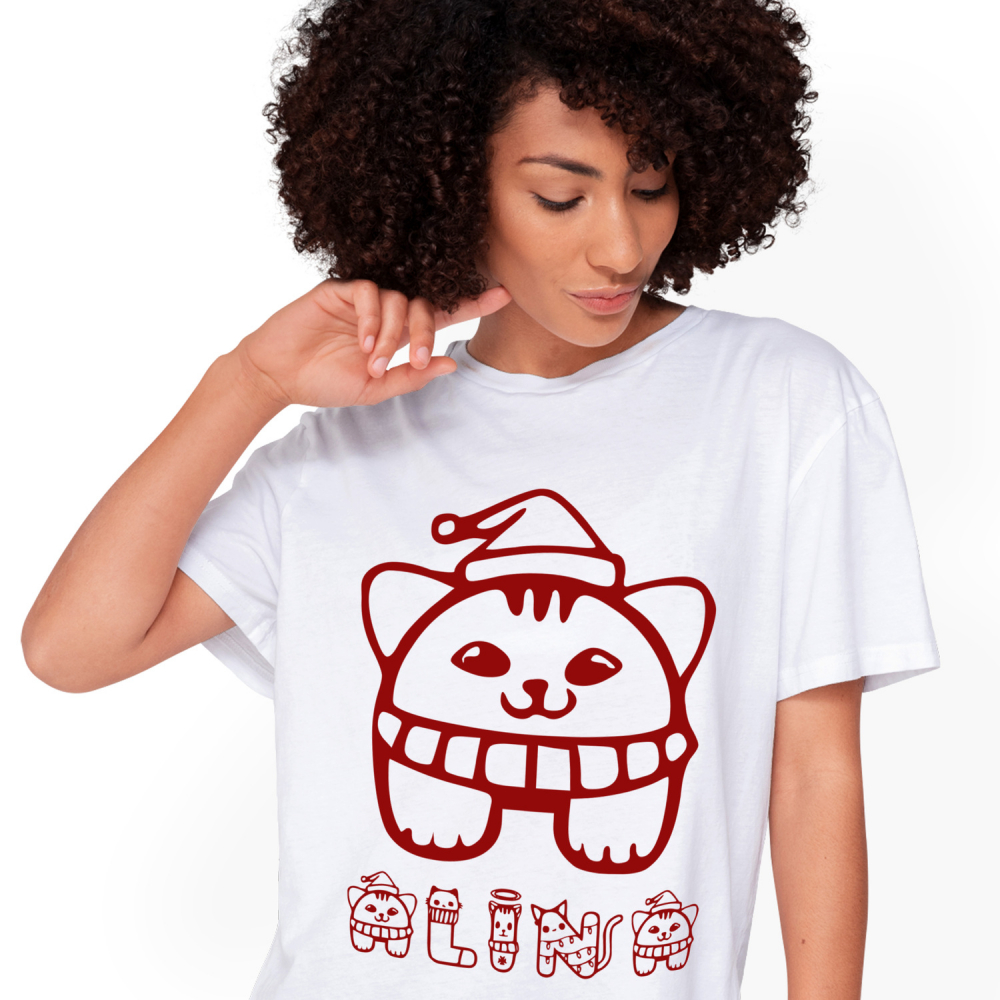 Tricou Personalizat Femei Pentru Iubitorii De Craciun, Caine Cu Fular Si Caciula, Text Nume Personalizat, Culoare Rosu, Alb, 100% Bumbac, Marime L [1]