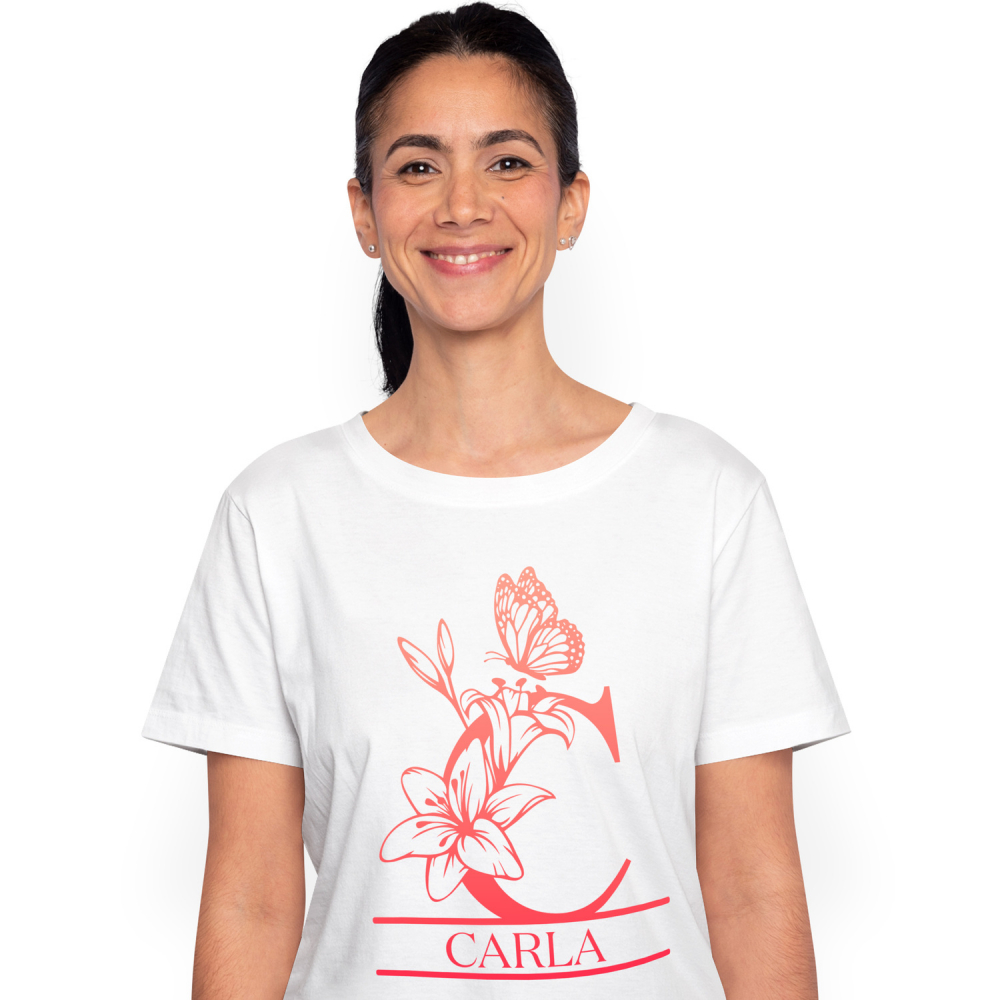 Tricou Personalizat Femei Pentru Iubitorii De Crini, Flori,Fluture Natura, Text Nume Personalizat, Dragoste, Culoare Rosu, Alb, 100% Bumbac, Marime L [1]