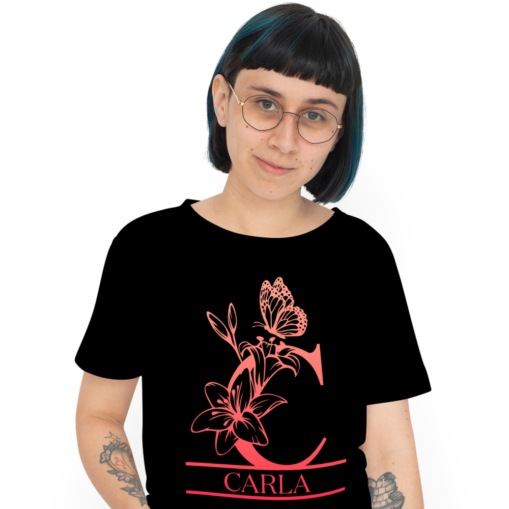 Tricou Personalizat Femei Pentru Iubitorii De Crini, Flori,Fluture Natura, Text Nume Personalizat, Dragoste, Culoare Rosu, Negru, 100% Bumbac, Marime XS [1]