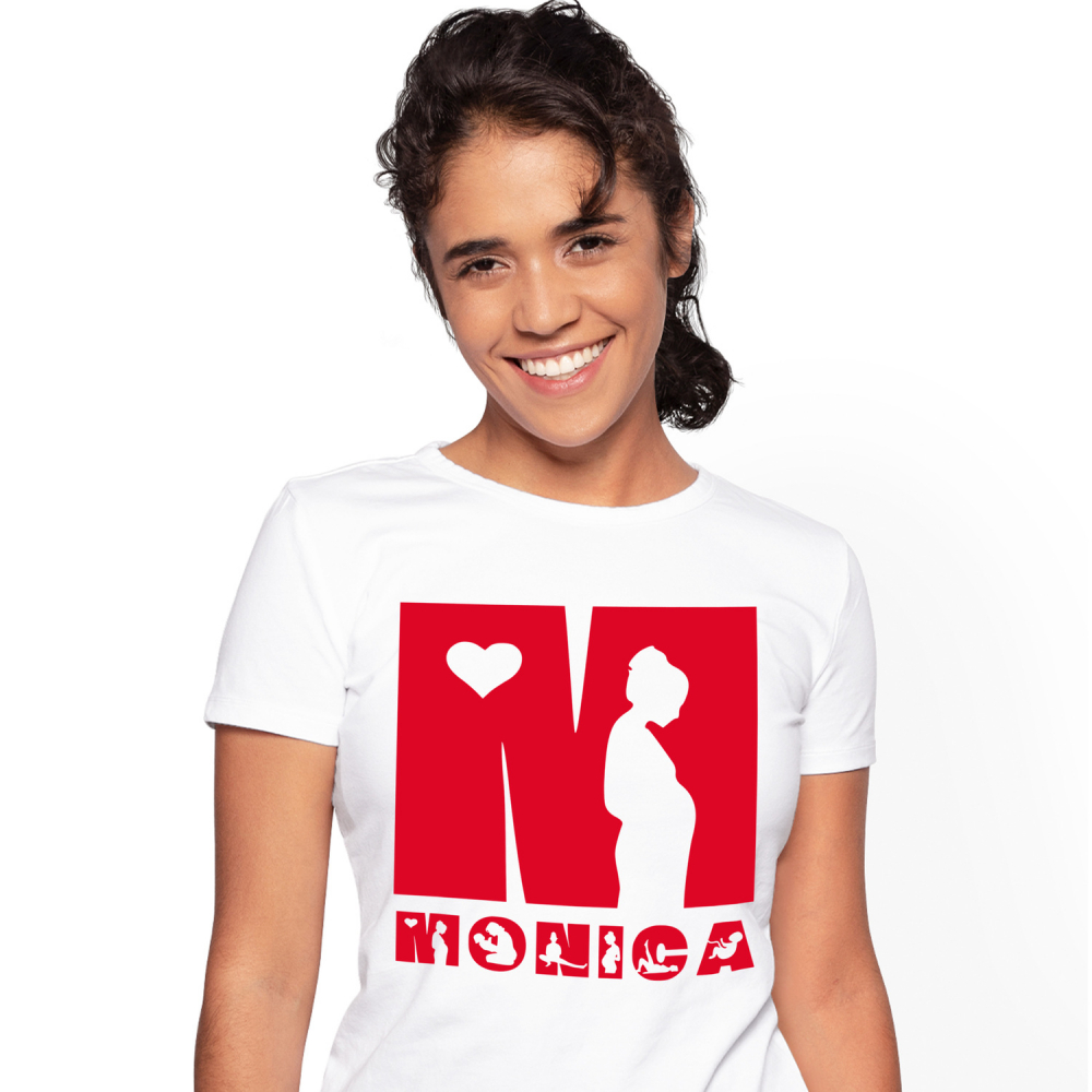 Tricou Personalizat Femei Pentru Iubitorii De Familie, Femeie insarcinata, Text Nume Personalizat, copii, Culoare Rosu, Alb, 100% Bumbac, Marime L [1]