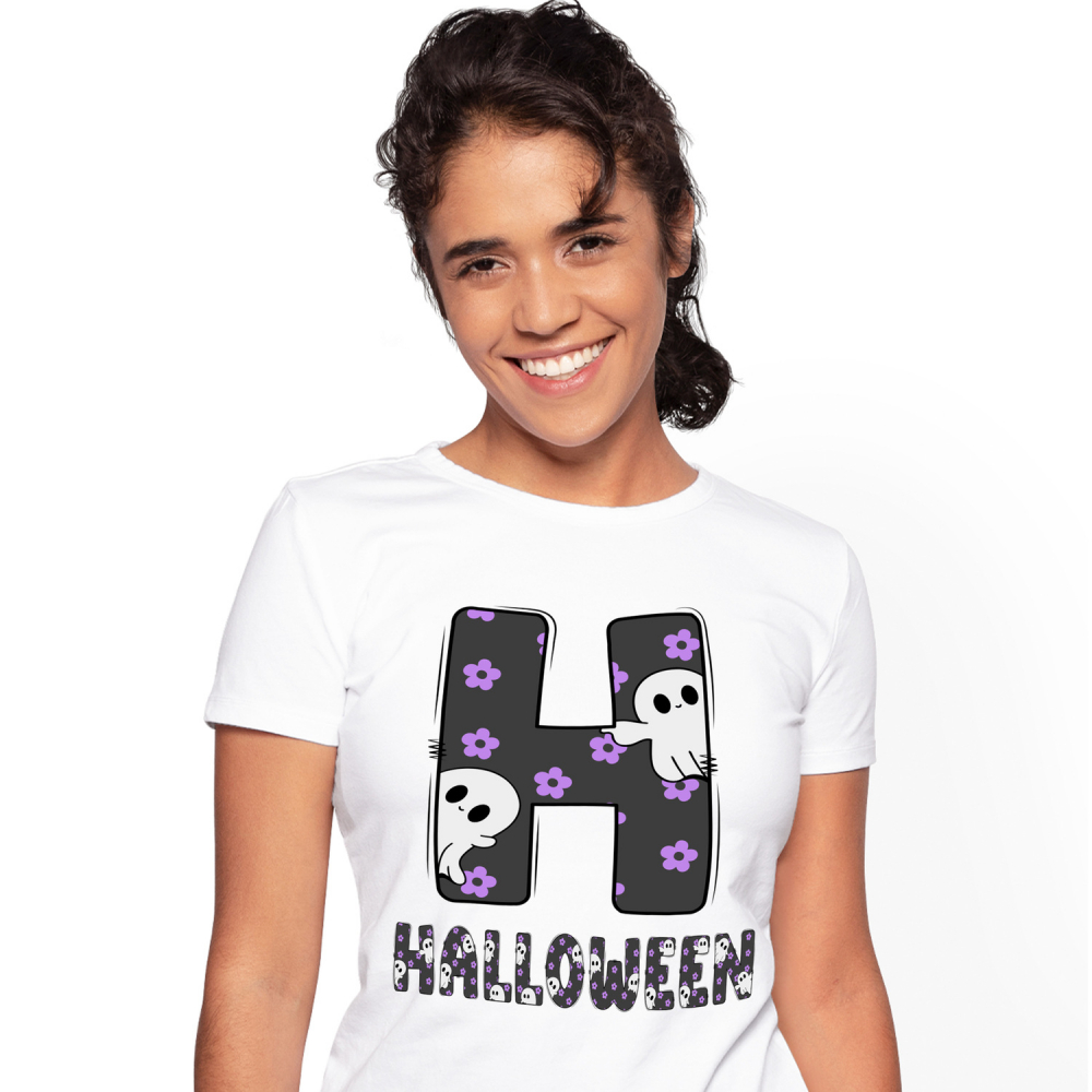 Tricou Personalizat Femei Pentru Iubitorii De Hallowen, Fantome, Text Nume Personalizat, Copii, Culoare Negru, Alb, 100% Bumbac, Marime L [1]
