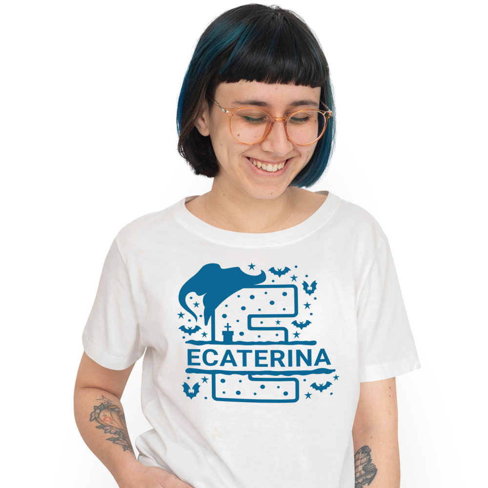 Tricou Personalizat Femei Pentru Iubitorii De Hallowen, Lilieci, Palarie Vrajitoare, Text Nume Personalizat, Copii, Culoare Albastru, Alb, 100% Bumbac, Marime M [1]