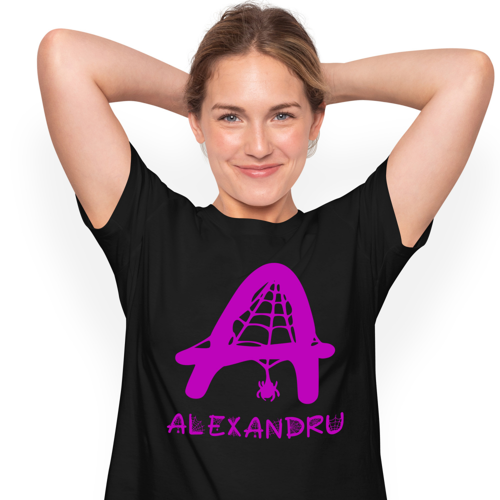Tricou Personalizat Femei Pentru Iubitorii De Hallowen, Panza De Paianjen, Text Nume Personalizat, Copii, Culoare Mov, Negru, 100% Bumbac, Marime XS [1]