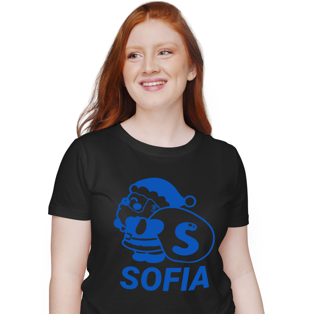 Tricou Personalizat Femei Pentru Iubitorii De Iarna, Mos Craciun Cu Sac, Text Nume Personalizat, Copii, Culoare Albastru, Negru, 100% Bumbac, Marime XS [1]