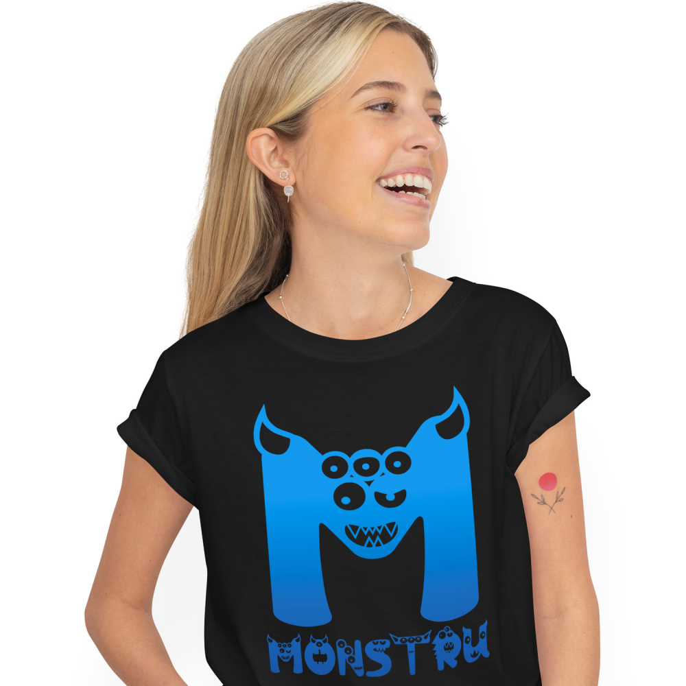 Tricou Personalizat Femei Pentru Iubitorii De Monstri, Chip Cu Multi Ochii, Text Nume Personalizat, Culoare Albastru, copii, Negru, 100% Bumbac, Marime XS [1]