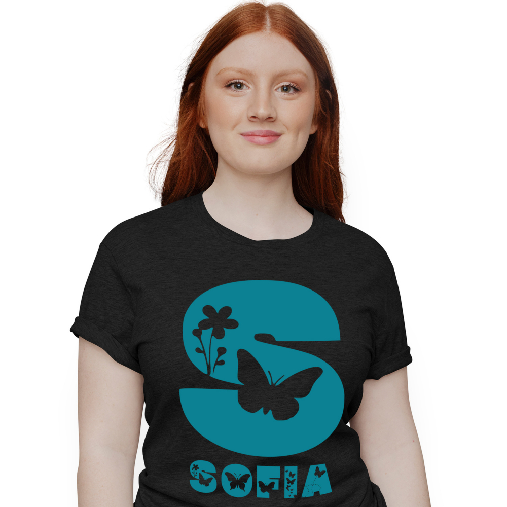 Tricou Personalizat Femei Pentru Iubitorii De Natura, Flori, fluture, Text Nume Personalizat, copii, Culoare Albastru, Negru, 100% Bumbac, Marime XS [1]