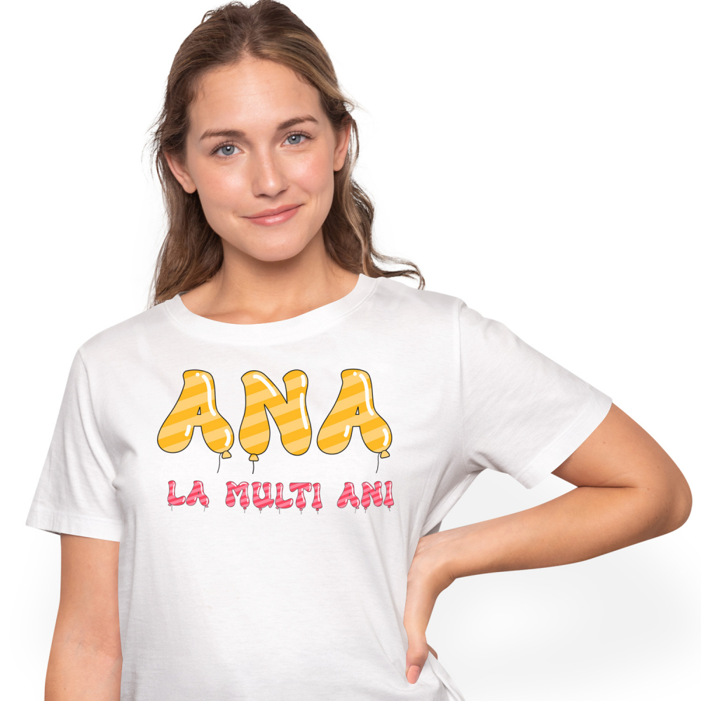 Tricou Personalizat Femei Pentru Iubitorii De Petreceri, Baloane Coloratre, Unicorn, Text Nume Personalizat, copii, Culoare Galben Roz, Alb, 100% Bumbac, Marime XL [1]