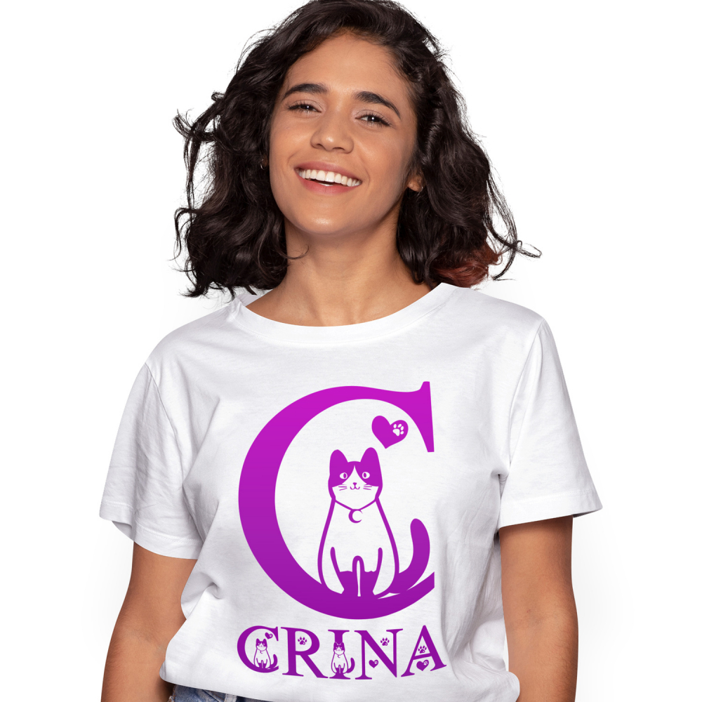 Tricou Personalizat Femei Pentru Iubitorii De Pisici, Labuta Animal, Text Personalizat, Culoare Roz Gradient,Copii, Alb, 100% Bumbac, Marime XL [1]
