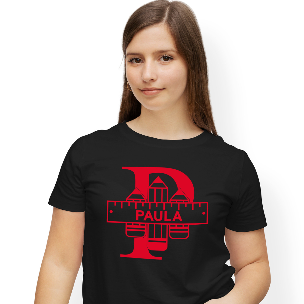 Tricou Personalizat Femei Pentru Iubitorii De Scoala, Creion, Text Nume Personalizat, Copii, Culoare Rosu, Negru, 100% Bumbac, Marime XS [1]