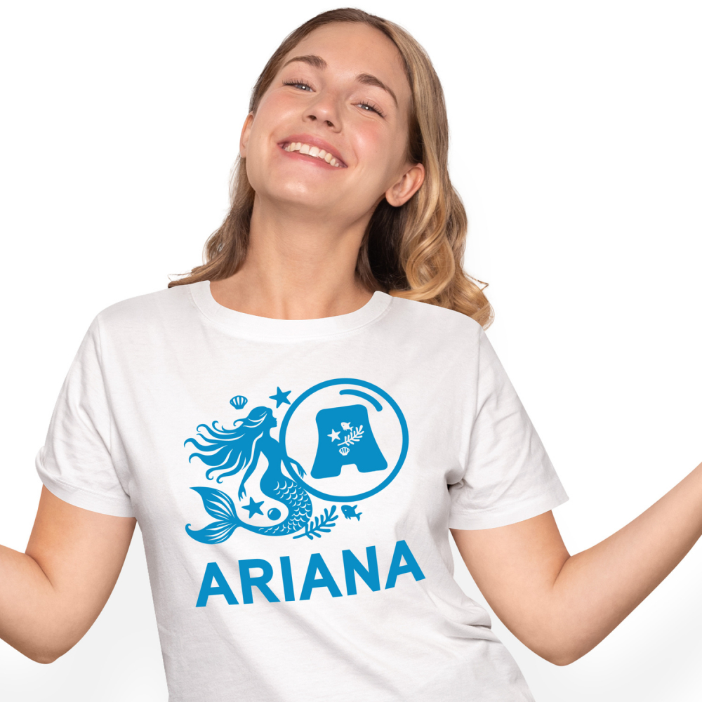 Tricou Personalizat Femei Pentru Iubitorii De Sirene, Fiinta magica, Text Nume Personalizat, copii, Culoare Albastru, Alb, 100% Bumbac, Marime M [1]