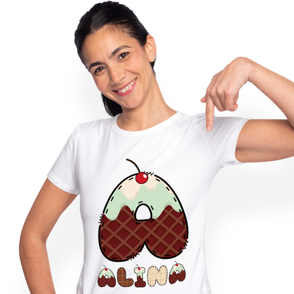 Tricou Personalizat Femei Pentru Iubitorii De Tableta De Ciocolata, Cireasa, Text Nume Personalizat, Culoare Multicolor, Alb, 100% Bumbac, Marime L [1]