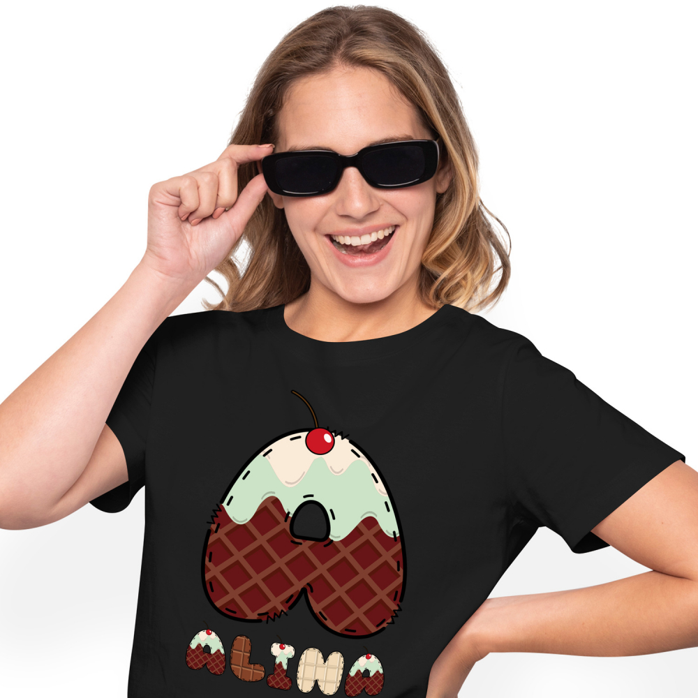 Tricou Personalizat Femei Pentru Iubitorii De Tableta De Ciocolata, Cireasa, Text Nume Personalizat, Culoare Multicolor, Negru, 100% Bumbac, Marime XS [1]