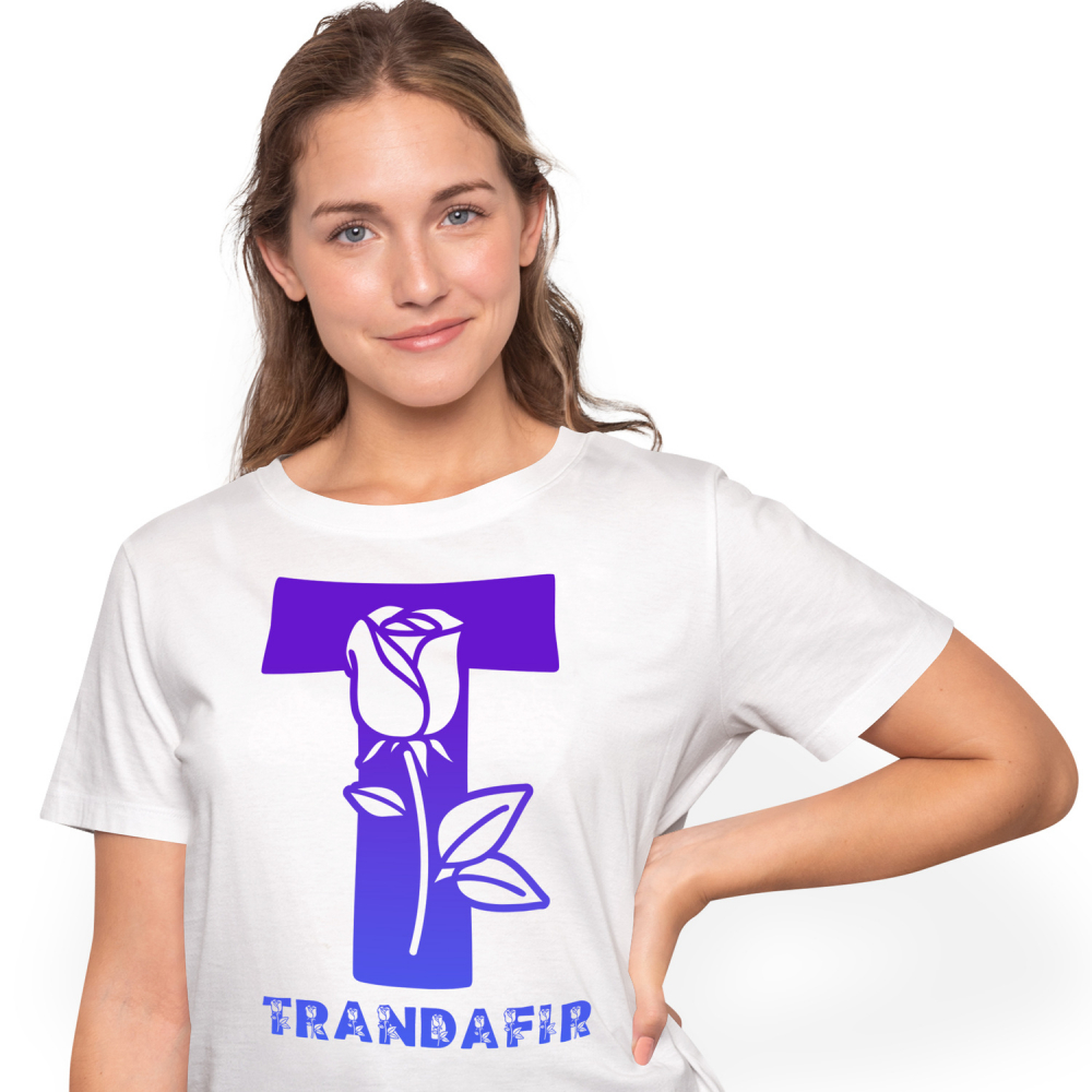 Tricou Personalizat Femei Pentru Iubitorii De Trandafir, Flori, Natura, Text Nume Personalizat, Dragoste, Culoare Albastru, Alb, 100% Bumbac, Marime M [1]