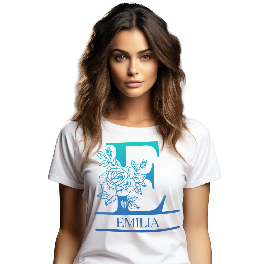 Tricou Personalizat Femei Pentru Iubitorii De Trandafiri, Fluture Natura, Text Nume Personalizat, Dragoste, Culoare Albastru, Alb, 100% Bumbac, Marime M [1]