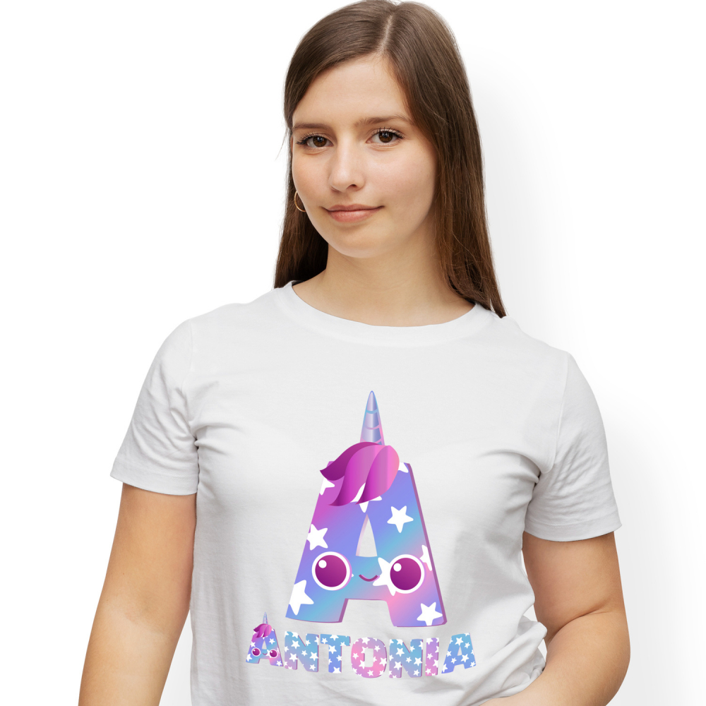 Tricou Personalizat Femei Pentru Iubitorii De unicorni, Corn Roz, Text Nume Personalizat, Culoare Multicolor Cu Stele copii, Alb, 100% Bumbac, Marime XS [1]