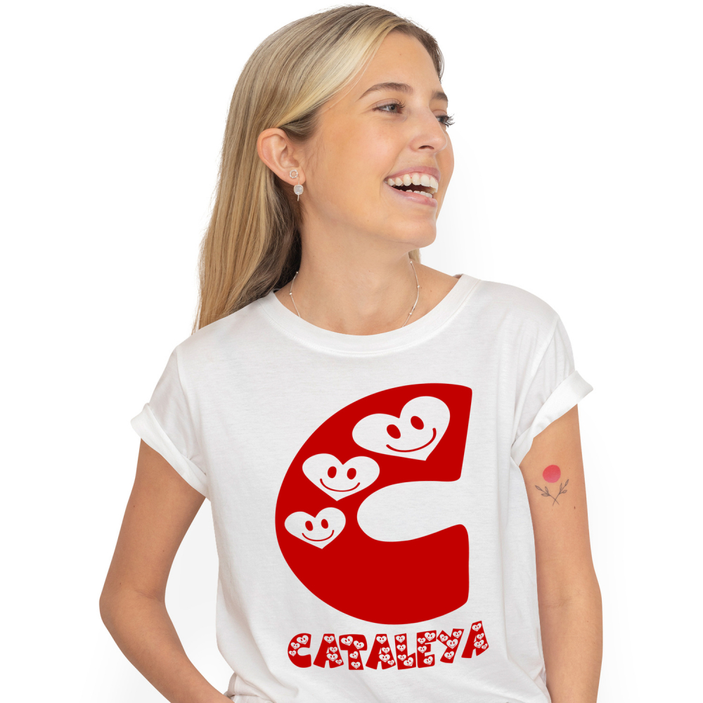 Tricou Personalizat Femei Pentru Iubitorii De Valentine's Day, Inimi Zambitoare, Text Nume Personalizat, Copii, Culoare Rosu, Alb, 100% Bumbac, Marime M [1]